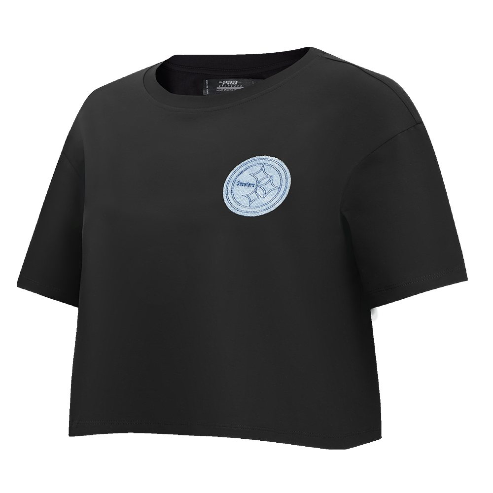 NFL PITTSBURGH STEELERS VARSITY BLUES WOMEN'S BOXY TEE (BLACK)