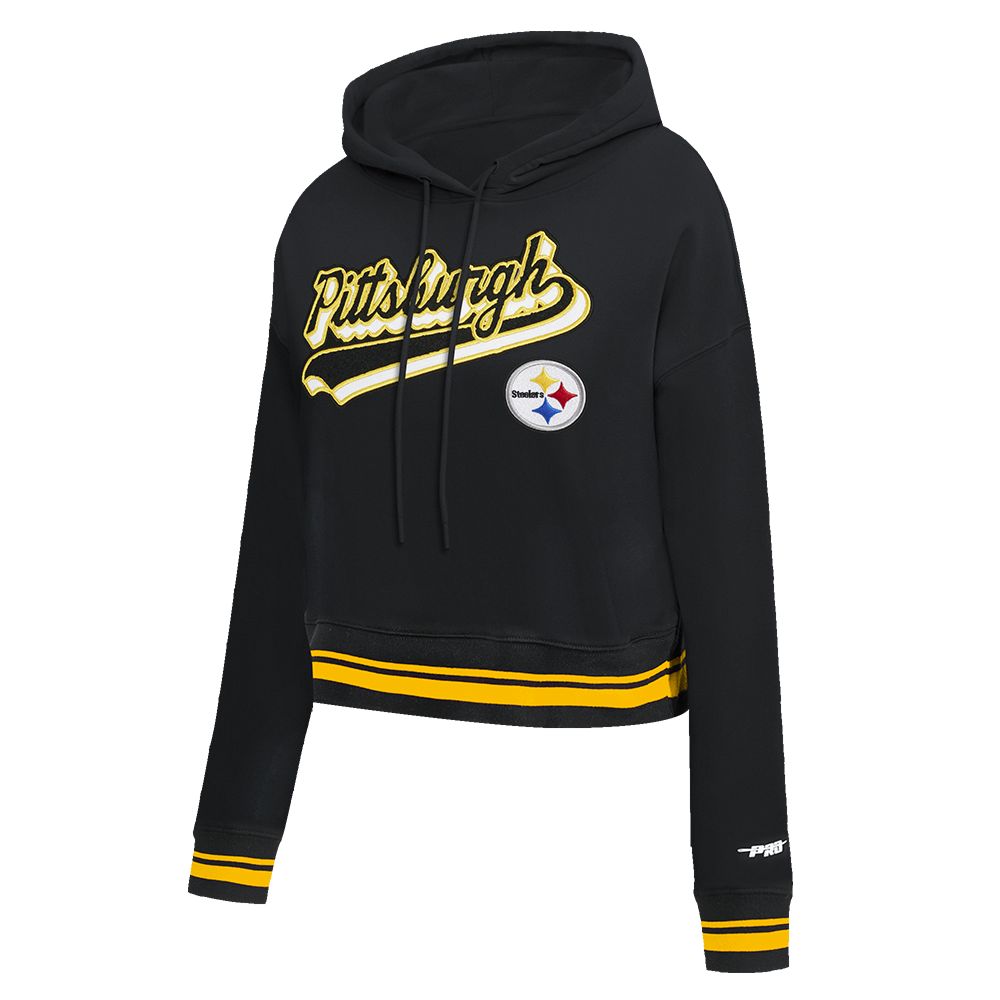 NFL PITTSBURGH STEELERS SCRIPT TAIL WOMEN'S RIB FLC CROPPED PO HOODIE (BLACK/YELLOW)