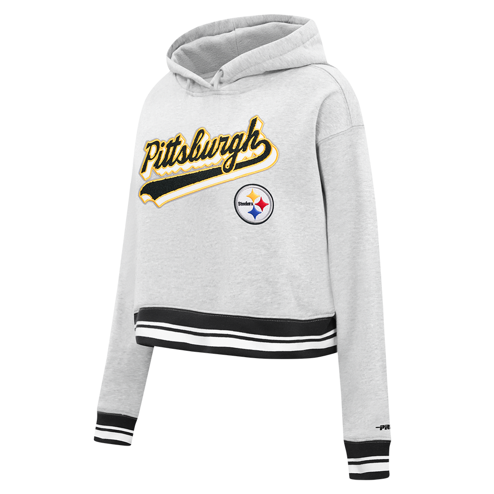 NFL PITTSBURGH STEELERS SCRIPT TAIL WOMEN'S RIB FLC CROPPED PO HOODIE (HEATHER GRAY/BLACK)