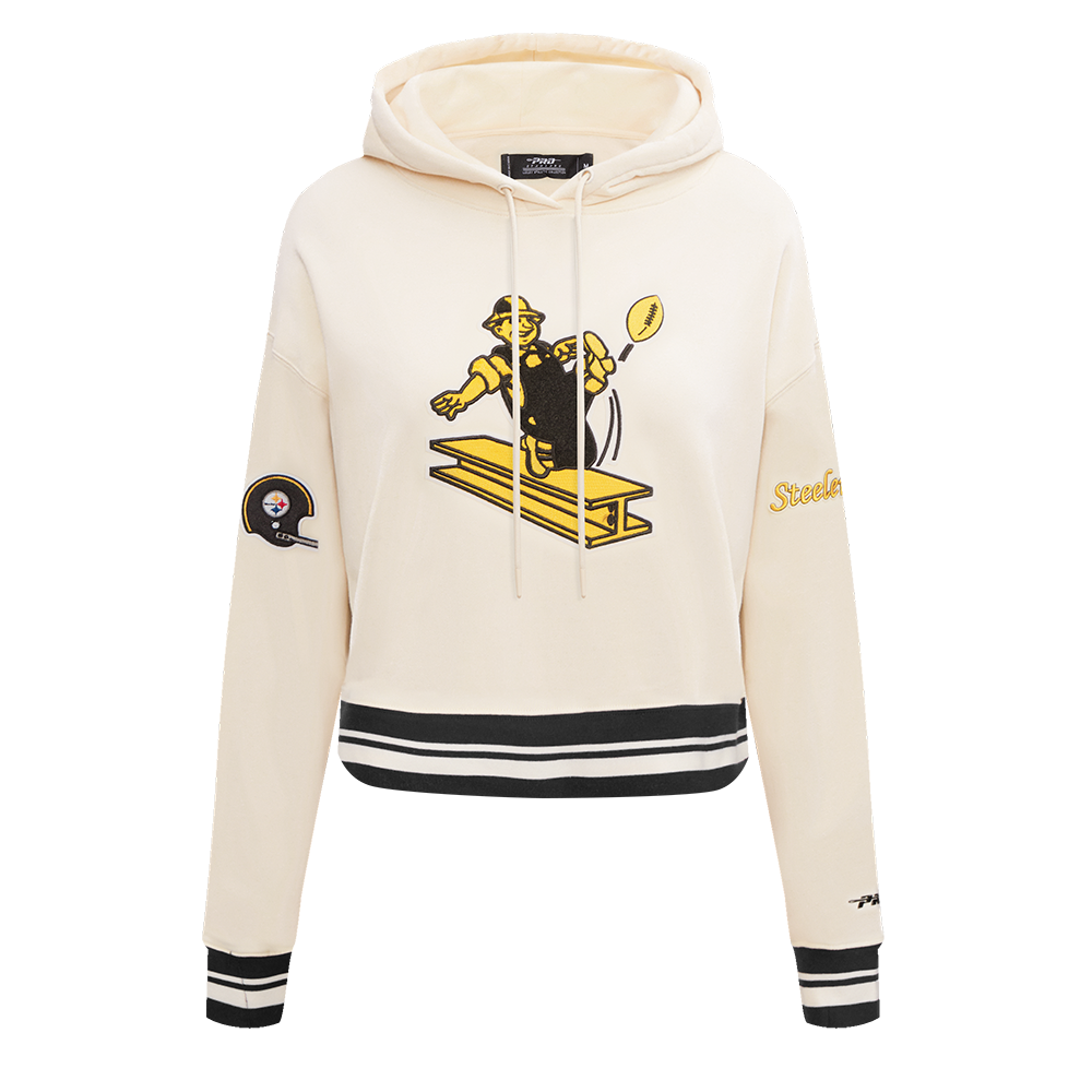 NFL PITTSBURGH STEELERS RETRO CLASSIC WOMEN'S CROPPED PULLOVER HOODIE (EGGSHELL/ BLACK)