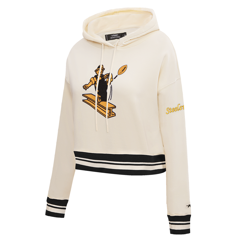NFL PITTSBURGH STEELERS RETRO CLASSIC WOMEN'S CROPPED PULLOVER HOODIE (EGGSHELL/ BLACK)