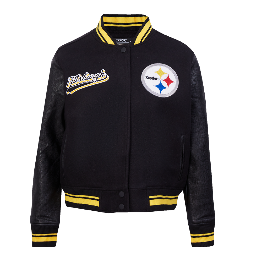 NFL PITTSBURGH STEELERS SCRIPT TAIL WOMEN'S WOOL VARSITY JACKET (BLACK/YELLOW)