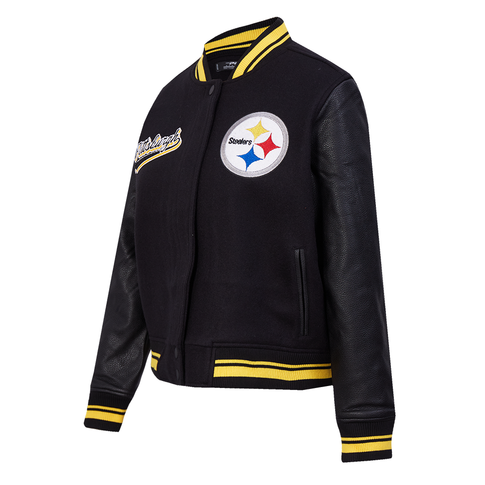 NFL PITTSBURGH STEELERS SCRIPT TAIL WOMEN'S WOOL VARSITY JACKET (BLACK/YELLOW)