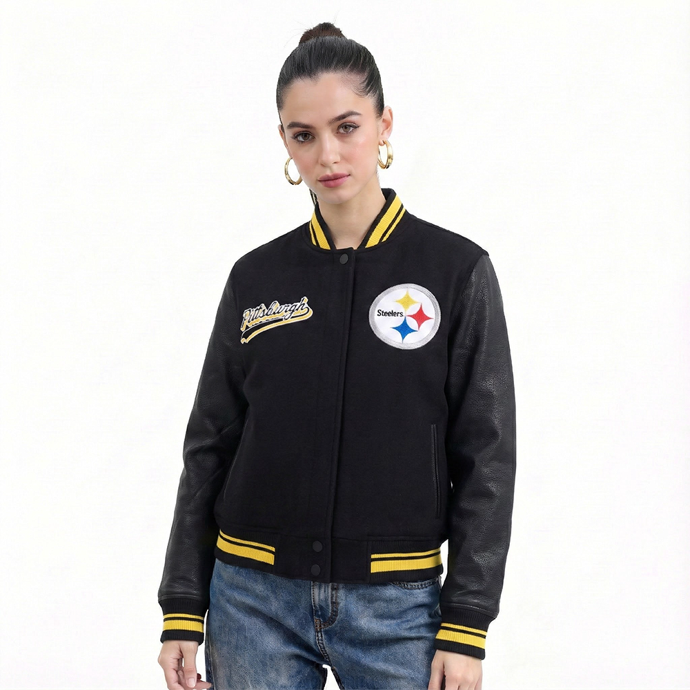 NFL PITTSBURGH STEELERS SCRIPT TAIL WOMEN'S WOOL VARSITY JACKET (BLACK/YELLOW)
