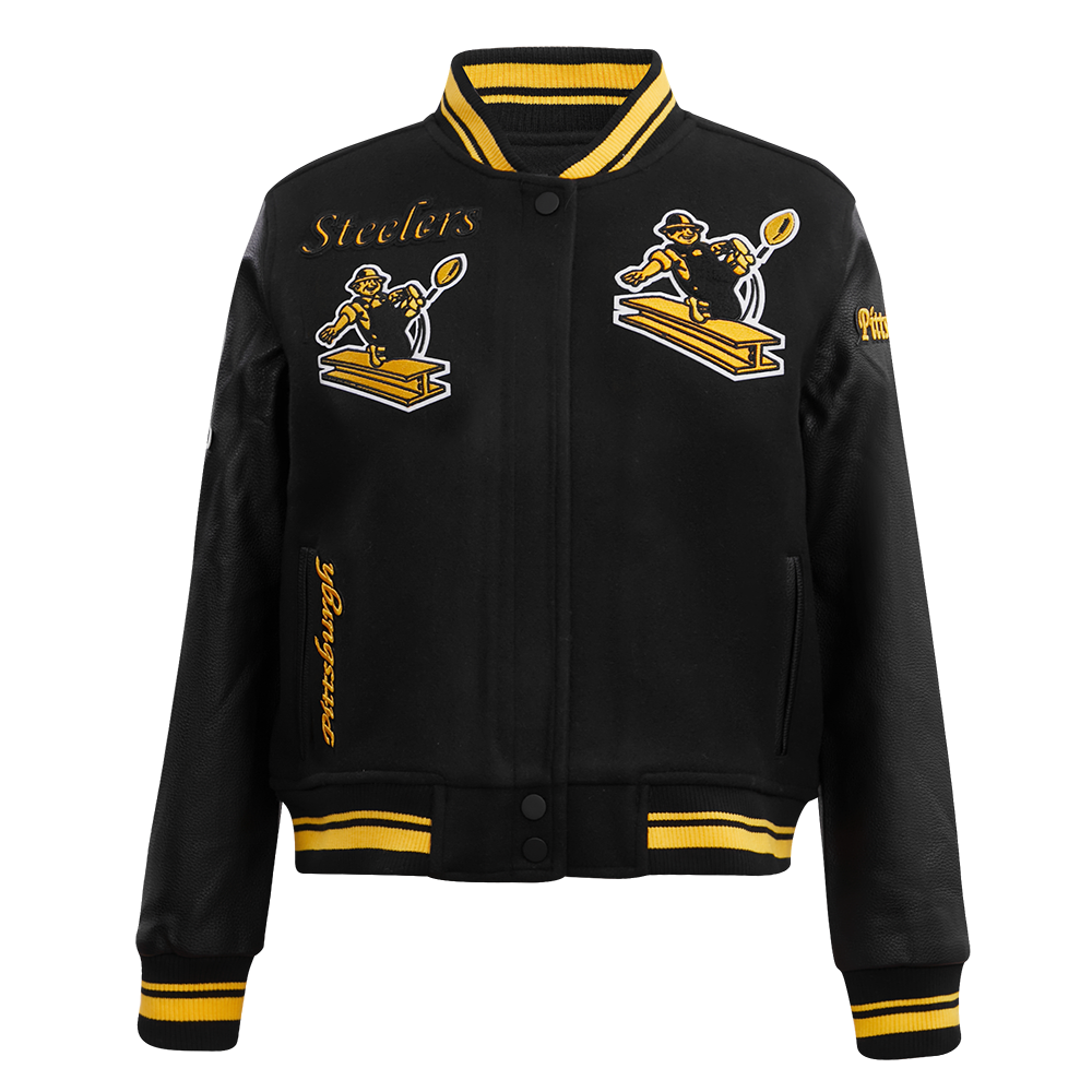 NFL PITTSBURGH STEELERS RETRO CLASSIC WOMEN'S RIB WOOL VARSITY JACKET (BLACK/YELLOW)
