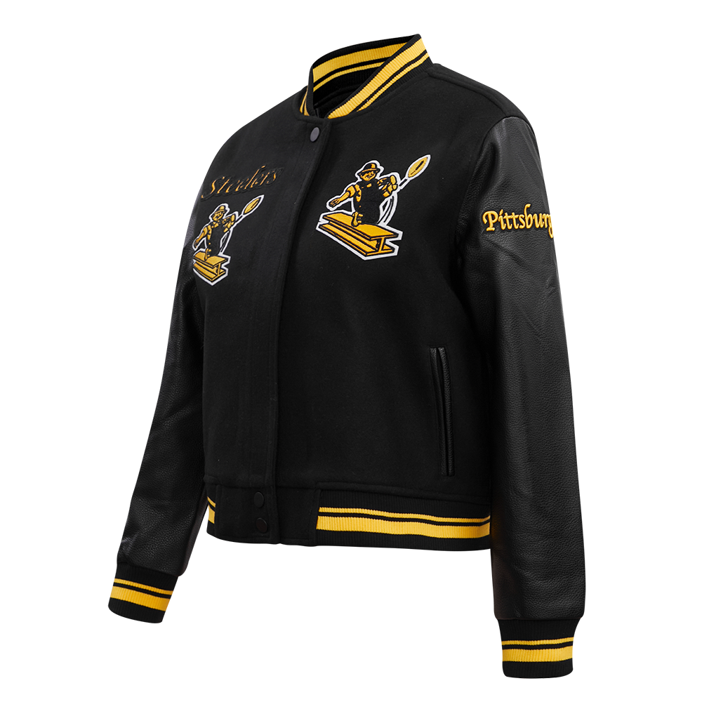 NFL PITTSBURGH STEELERS RETRO CLASSIC WOMEN'S RIB WOOL VARSITY JACKET (BLACK/YELLOW)
