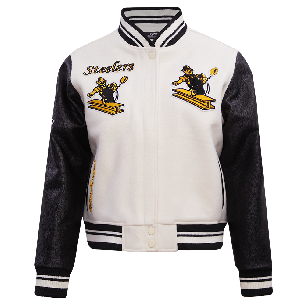 NFL PITTSBURGH STEELERS RETRO CLASSIC BLOUSON COLLÉGIAL EN LAINE À BORDS CÔTELÉS POUR FEMME (COQUILLE D'ŒUF/NOIR)