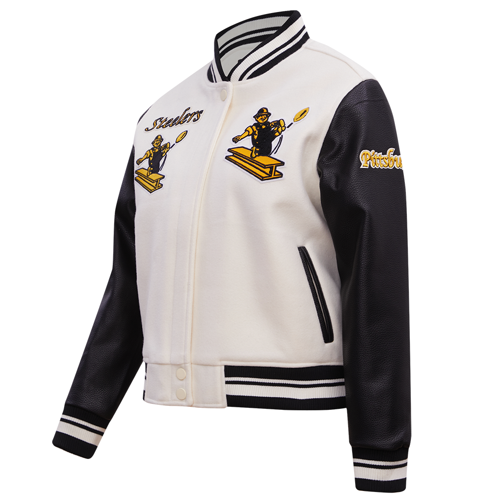 NFL PITTSBURGH STEELERS RETRO CLASSIC BLOUSON COLLÉGIAL EN LAINE À BORDS CÔTELÉS POUR FEMME (COQUILLE D'ŒUF/NOIR)