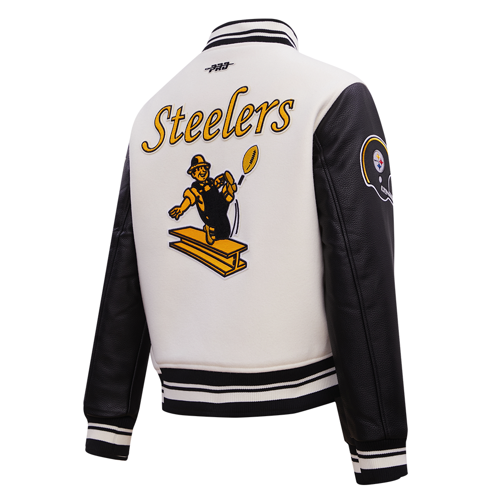 NFL PITTSBURGH STEELERS RETRO CLASSIC BLOUSON COLLÉGIAL EN LAINE À BORDS CÔTELÉS POUR FEMME (COQUILLE D'ŒUF/NOIR)