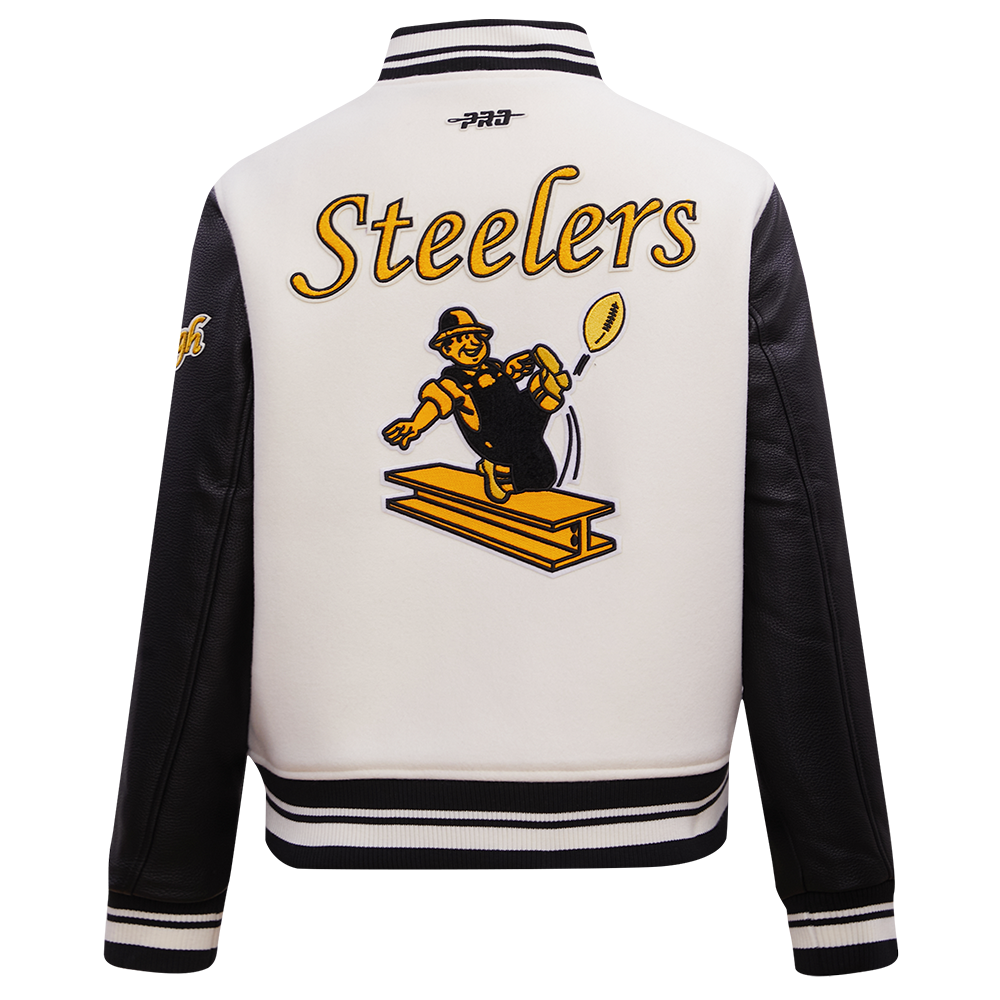 NFL PITTSBURGH STEELERS RETRO CLASSIC BLOUSON COLLÉGIAL EN LAINE À BORDS CÔTELÉS POUR FEMME (COQUILLE D'ŒUF/NOIR)