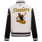 NFL PITTSBURGH STEELERS RETRO CLASSIC BLOUSON COLLÉGIAL EN LAINE À BORDS CÔTELÉS POUR FEMME (COQUILLE D'ŒUF/NOIR)