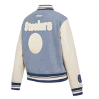 NFL PITTSBURGH STEELERS VARSITY BLUES BLOUSON COLLÉGIAL EN DENIM POUR FEMME (DENIM/LIN)