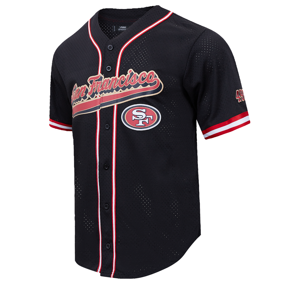NFL SAN FRANCISCO 49ERS SCRIPT TAIL MEN'S MESH BUTTON DOWN SHIRT (BLACK/RED)