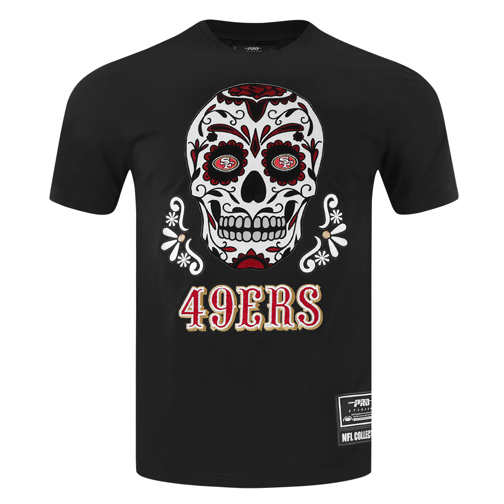 NFL SAN FRANCISCO 49ERS SUGAR SKULL T-SHIRT EN JERSEY SIMPLE À RAYURES POUR HOMME (NOIR/ROUGE)