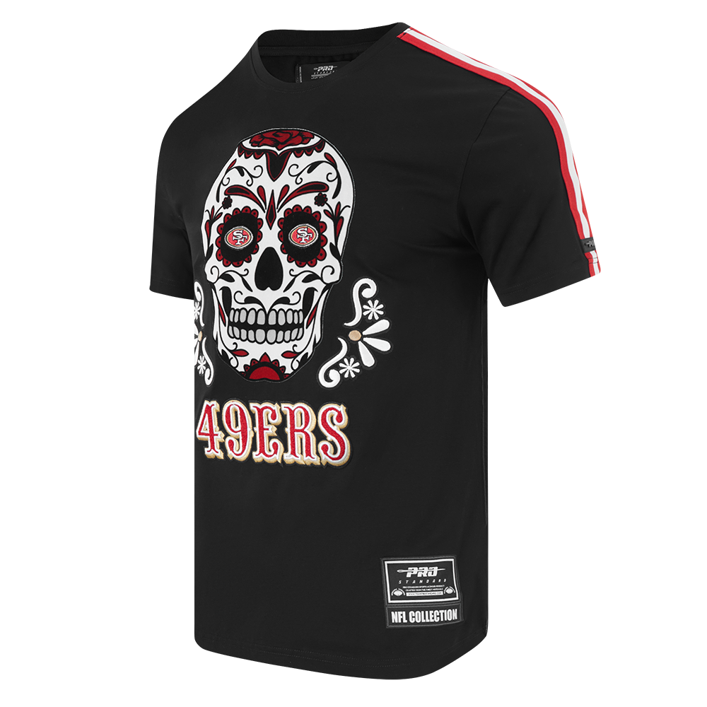 NFL SAN FRANCISCO 49ERS SUGAR SKULL T-SHIRT EN JERSEY SIMPLE À RAYURES POUR HOMME (NOIR/ROUGE)