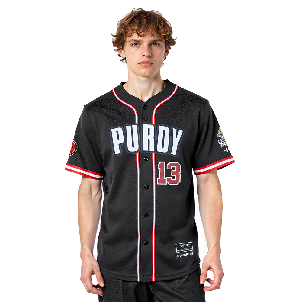 NFL SAN FRANCISCO 49ERS BROCK PURDY #13 CLASSIC MESH PNN MEN'S MESH BUTTON DOWN SHIRT (BLACK/RED)