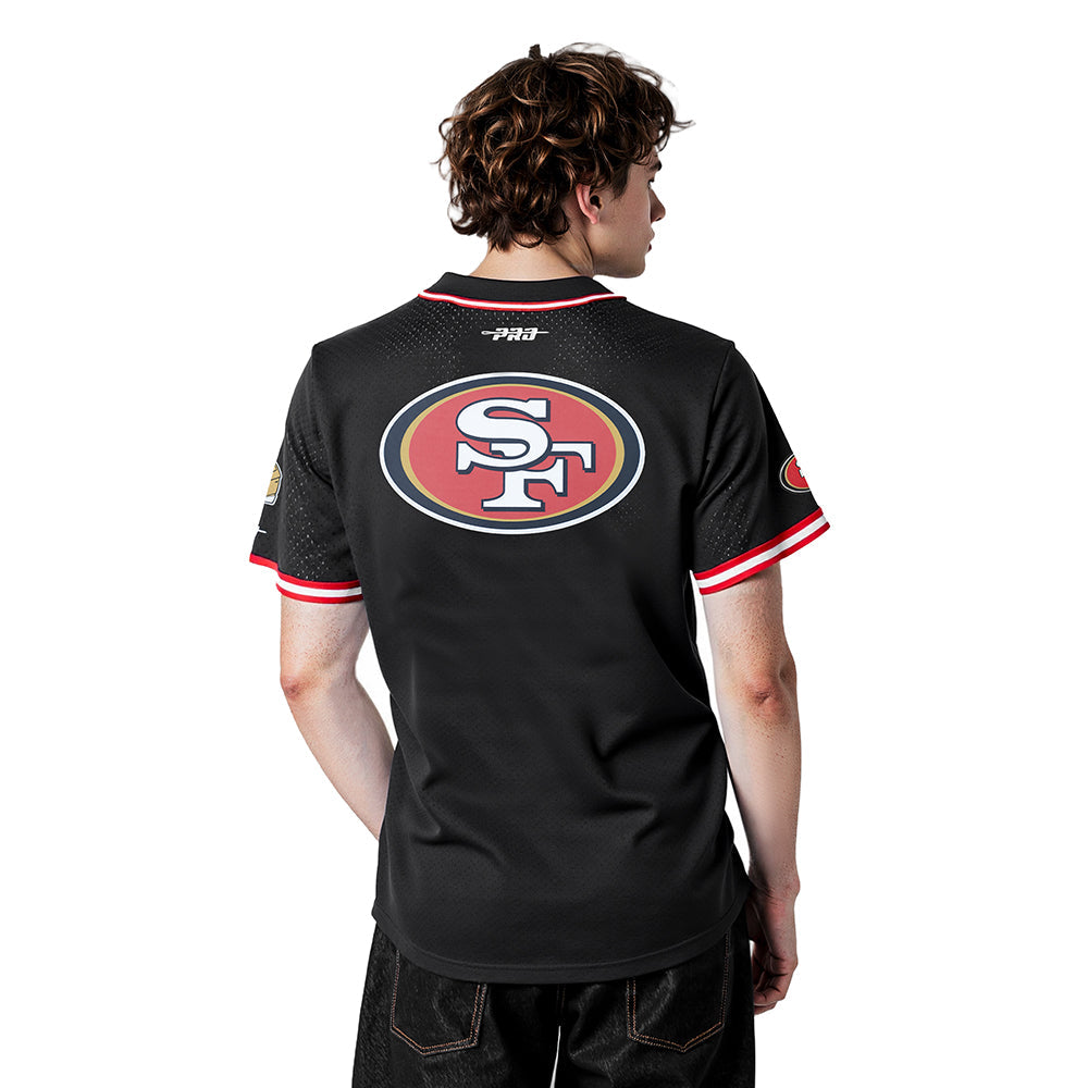 NFL SAN FRANCISCO 49ERS CHRISTIAN MCCAFFREY #23 CLASSIC MESH PNN MEN'S MESH BUTTON DOWN SHIRT (BLACK/RED)