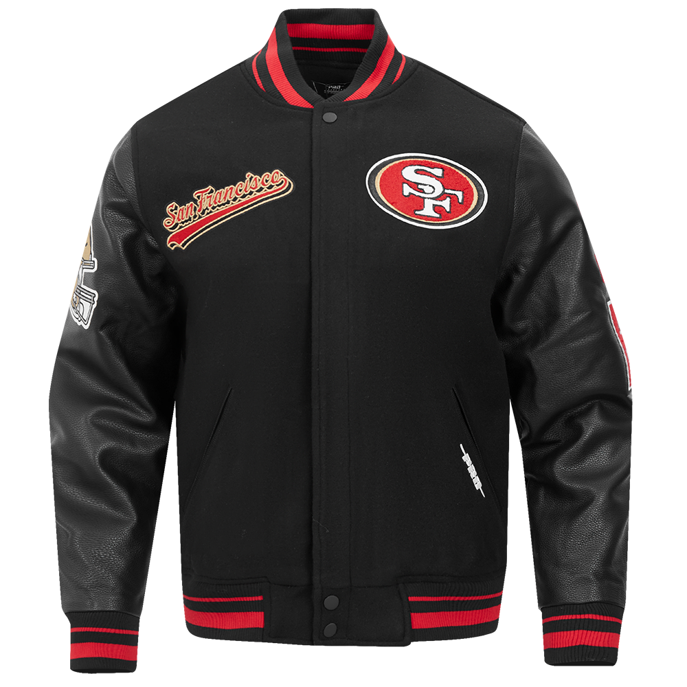 NFL SAN FRANCISCO 49ERS SCRIPT TAIL BLOUSON COLLÉGIAL POUR HOMME (NOIR/ROUGE/NOIR)