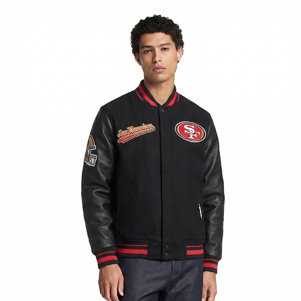 NFL SAN FRANCISCO 49ERS SCRIPT TAIL BLOUSON COLLÉGIAL POUR HOMME (NOIR/ROUGE/NOIR)