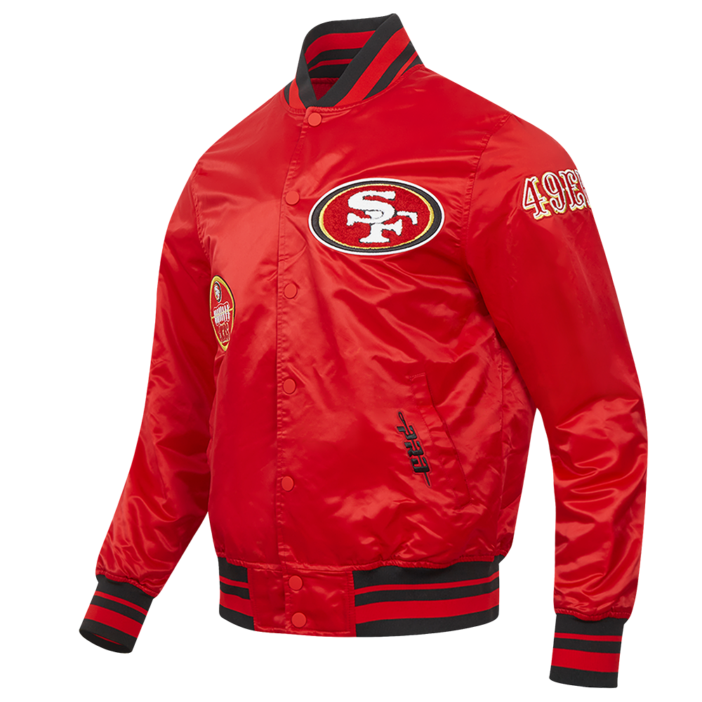 NFL SAN FRANCISCO 49ERS OLD ENGLISH BLOUSON EN SATIN À BORDS CÔTELÉS POUR HOMME (ROUGE/NOIR)