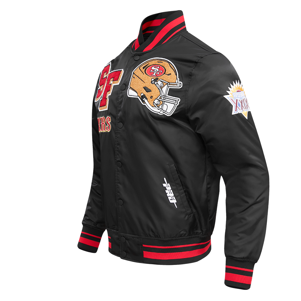 NFL SAN FRANCISCO 49ERS MASH UP BLOUSON EN SATIN À BORDS CÔTELÉS POUR HOMME (NOIR/ROUGE/NOIR)