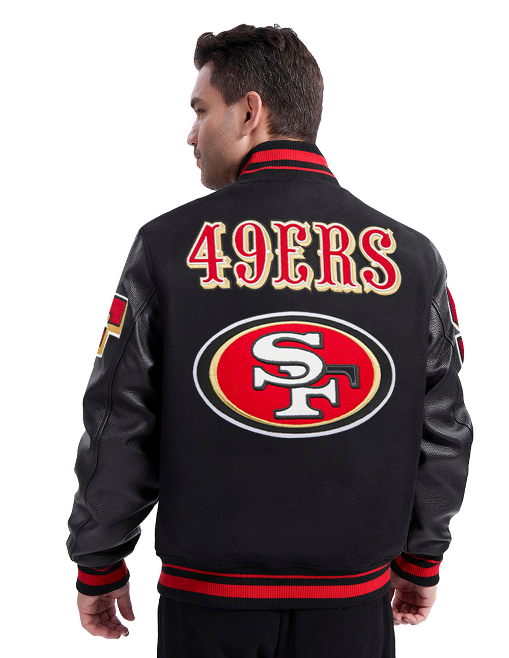 NFL SAN FRANCISCO 49ERS MASH UP BLOUSON COLLÉGIAL EN LAINE À BORDS CÔTELÉS POUR HOMME (NOIR/ROUGE/NOIR)