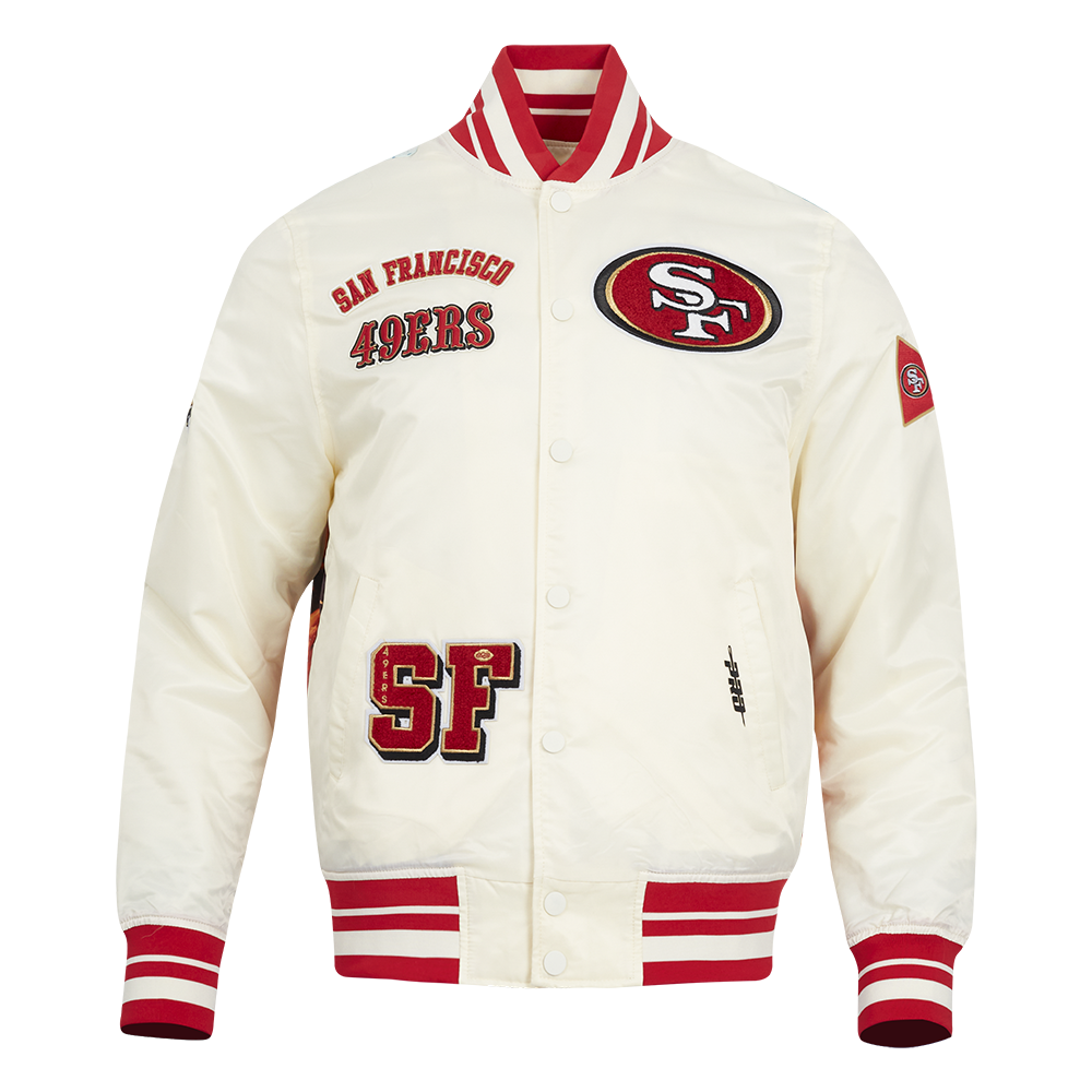 NFL SAN FRANCISCO 49ERS SUBLIMATED MEN'S SATIN JACKET-WHITE (EGGSHELL/ RED)