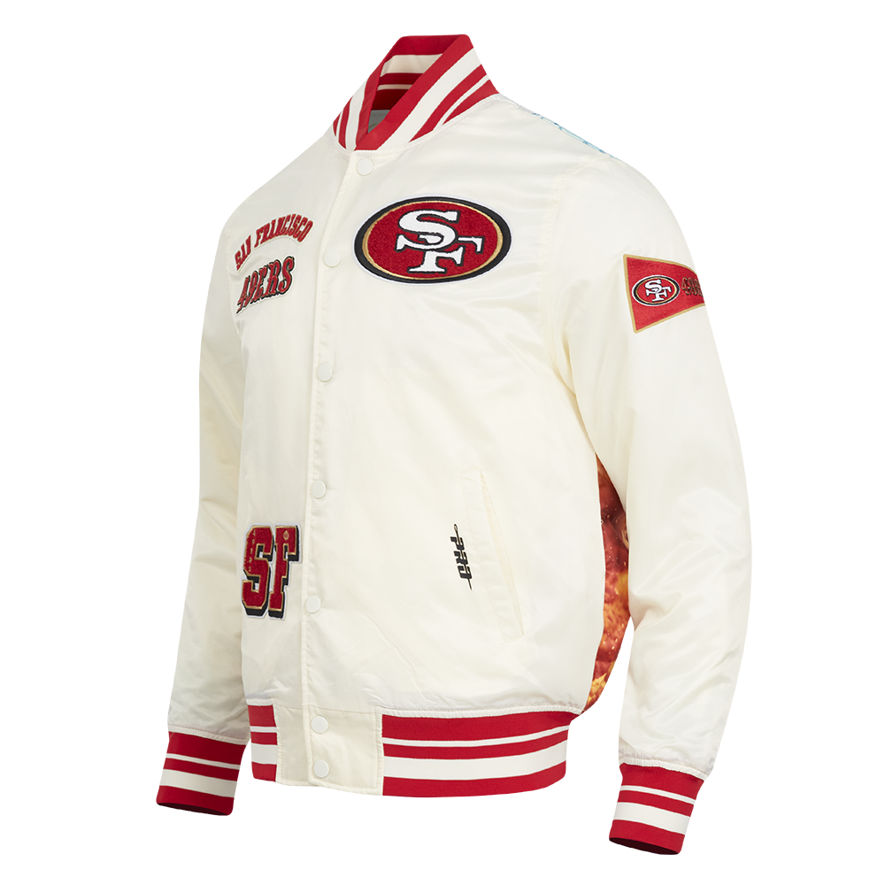 NFL SAN FRANCISCO 49ERS SUBLIMATED MEN'S SATIN JACKET-WHITE (EGGSHELL/ RED)
