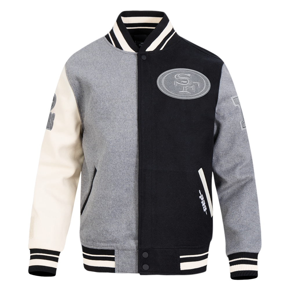 NFL SAN FRANCISCO 49ERS REVERSE FRENCH TERRY MEN'S VARSITY JACKET (BLACK/GRAY/EGGSHELL)