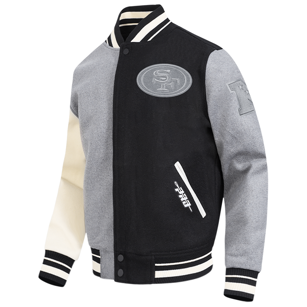 NFL SAN FRANCISCO 49ERS REVERSE FRENCH TERRY MEN'S VARSITY JACKET (BLACK/GRAY/EGGSHELL)