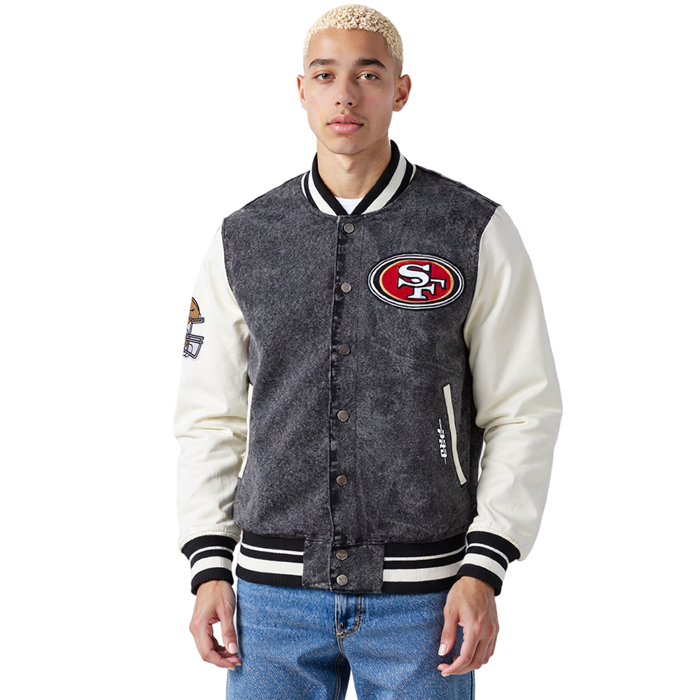 NFL SAN FRANCISCO 49ERS REBEL ATHLETICS MEN'S DENIM VARSITY JACKET (WASHED BLACK/EGGSHELL)