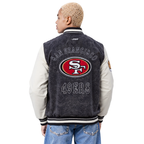 NFL SAN FRANCISCO 49ERS REBEL ATHLETICS MEN'S DENIM VARSITY JACKET (WASHED BLACK/EGGSHELL)