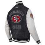 NFL SAN FRANCISCO 49ERS REBEL ATHLETICS MEN'S DENIM VARSITY JACKET (WASHED BLACK/EGGSHELL)