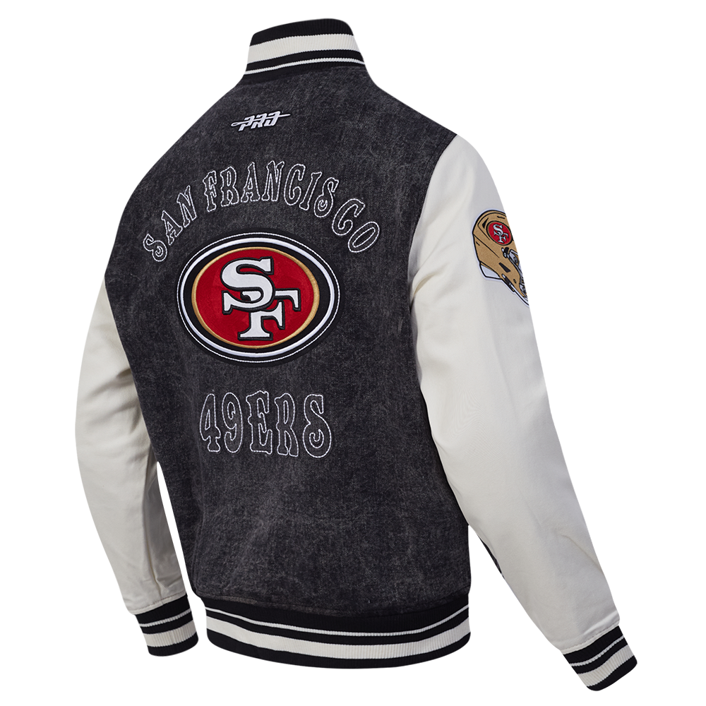 NFL SAN FRANCISCO 49ERS REBEL ATHLETICS MEN'S DENIM VARSITY JACKET (WASHED BLACK/EGGSHELL)