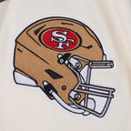 NFL SAN FRANCISCO 49ERS REBEL ATHLETICS MEN'S DENIM VARSITY JACKET (WASHED BLACK/EGGSHELL)