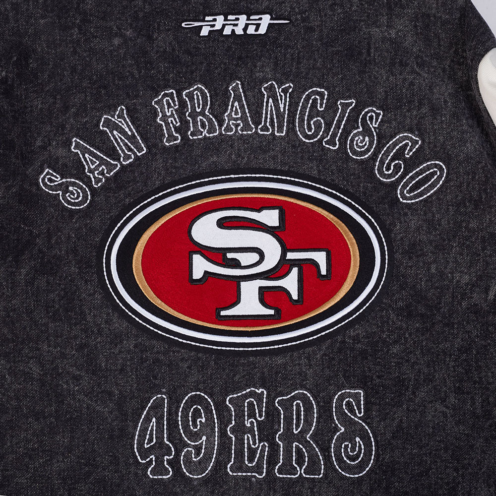 NFL SAN FRANCISCO 49ERS REBEL ATHLETICS MEN'S DENIM VARSITY JACKET (WASHED BLACK/EGGSHELL)