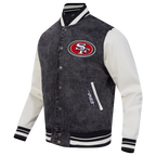 NFL SAN FRANCISCO 49ERS REBEL ATHLETICS MEN'S DENIM VARSITY JACKET (WASHED BLACK/EGGSHELL)