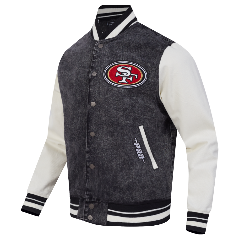 NFL SAN FRANCISCO 49ERS REBEL ATHLETICS MEN'S DENIM VARSITY JACKET (WASHED BLACK/EGGSHELL)