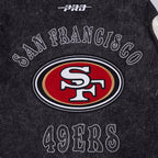 NFL SAN FRANCISCO 49ERS REBEL ATHLETICS MEN'S DENIM VARSITY JACKET (WASHED BLACK/EGGSHELL)