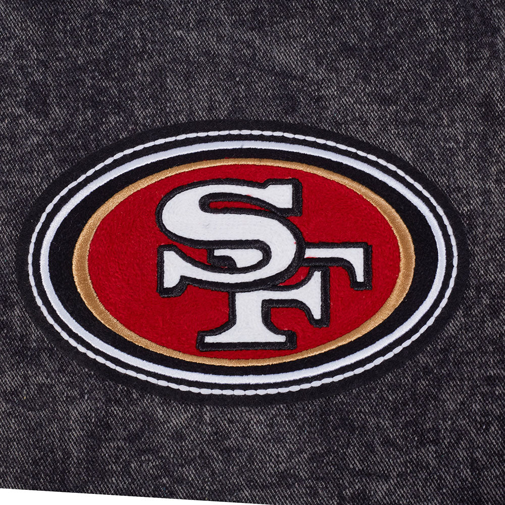 NFL SAN FRANCISCO 49ERS REBEL ATHLETICS MEN'S DENIM VARSITY JACKET (WASHED BLACK/EGGSHELL)