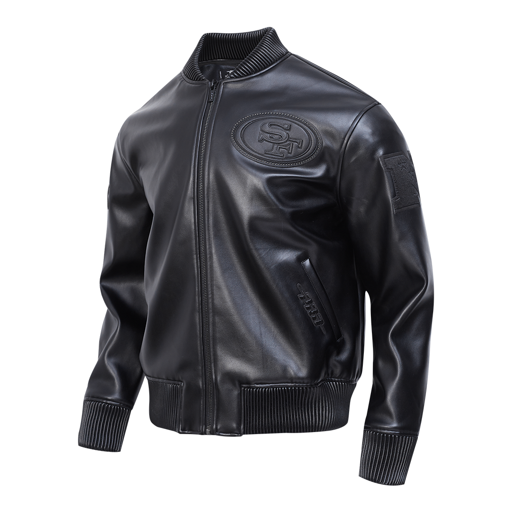 NFL SAN FRANCISCO 49ERS BLACKOUT MEN'S LEATHER VARSITY JACKET (JET BLACK)