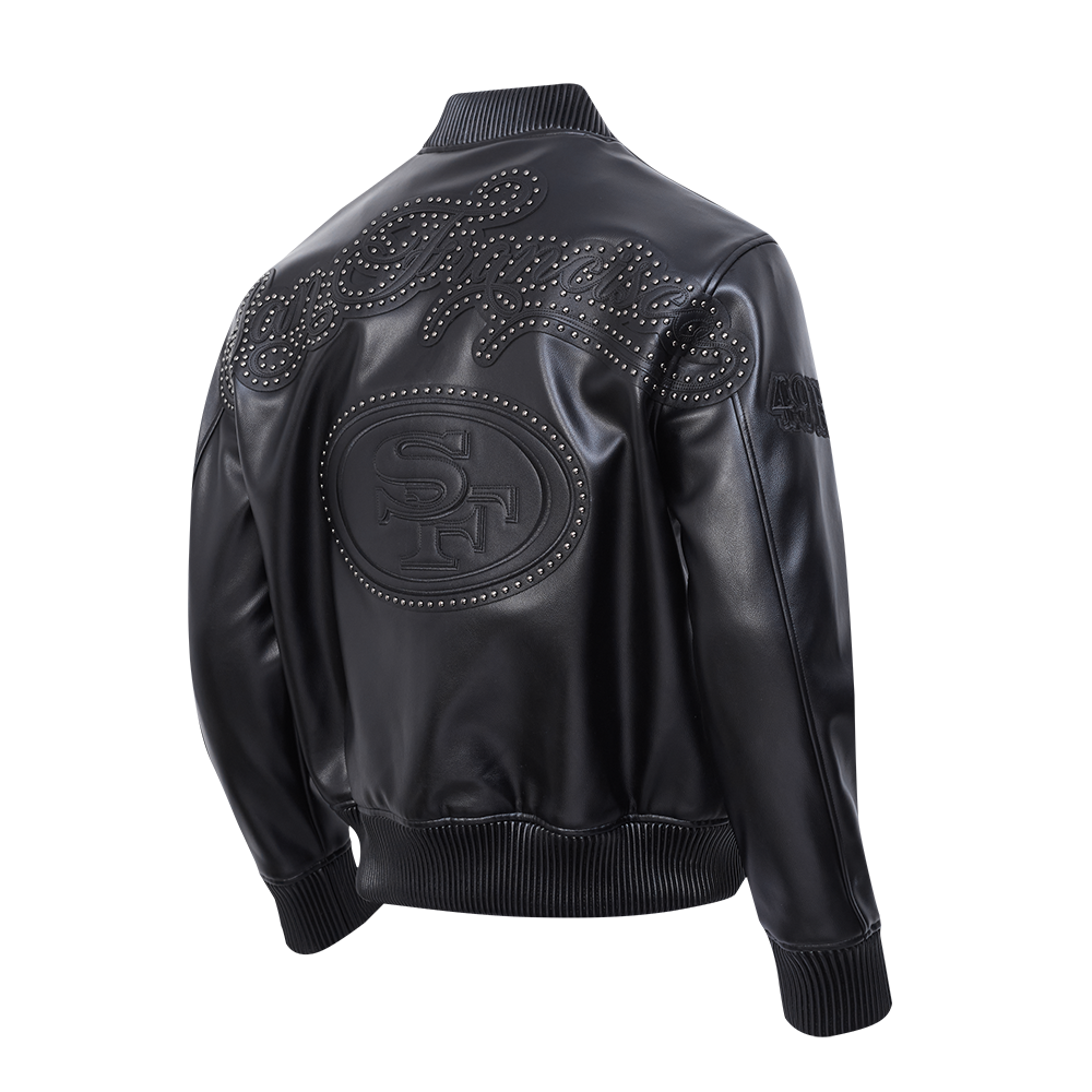 NFL SAN FRANCISCO 49ERS BLACKOUT MEN'S LEATHER VARSITY JACKET (JET BLACK)