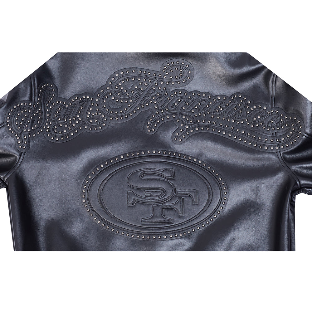 NFL SAN FRANCISCO 49ERS BLACKOUT MEN'S LEATHER VARSITY JACKET (JET BLACK)