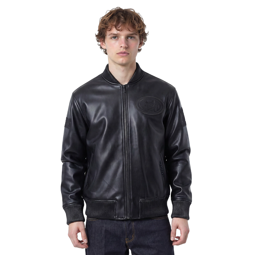 NFL SAN FRANCISCO 49ERS BLACKOUT MEN'S LEATHER VARSITY JACKET (JET BLACK)
