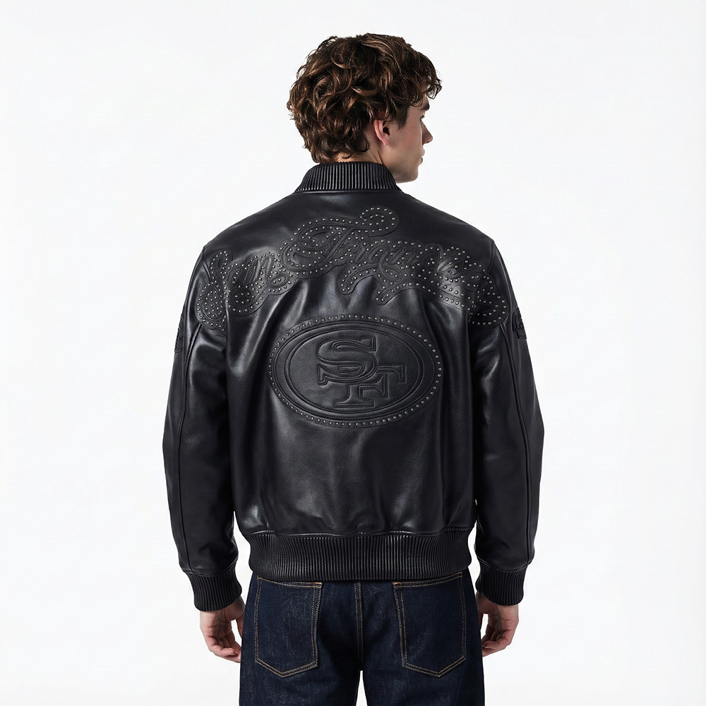 NFL SAN FRANCISCO 49ERS BLACKOUT MEN'S LEATHER VARSITY JACKET (JET BLACK)