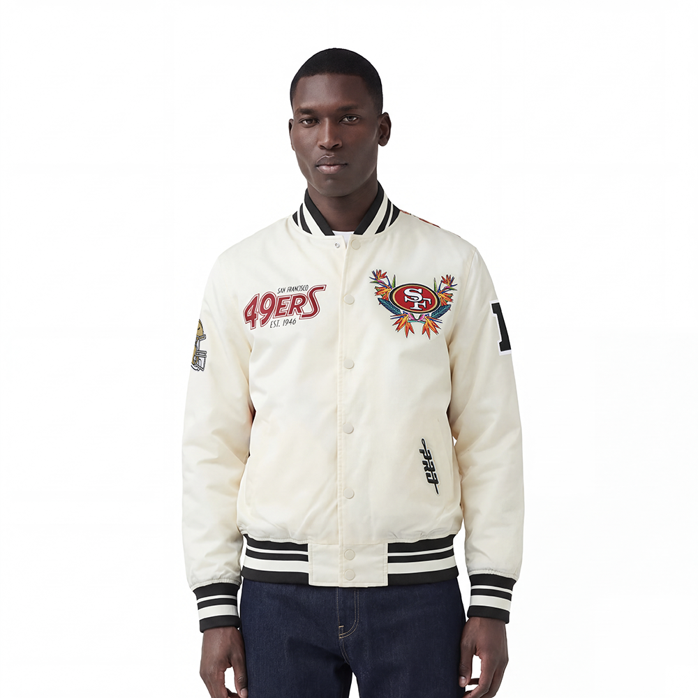 NFL SAN FRANCISCO 49ERS PARADISE MEN'S SATIN JACKET (EGGSHELL/ BLACK)