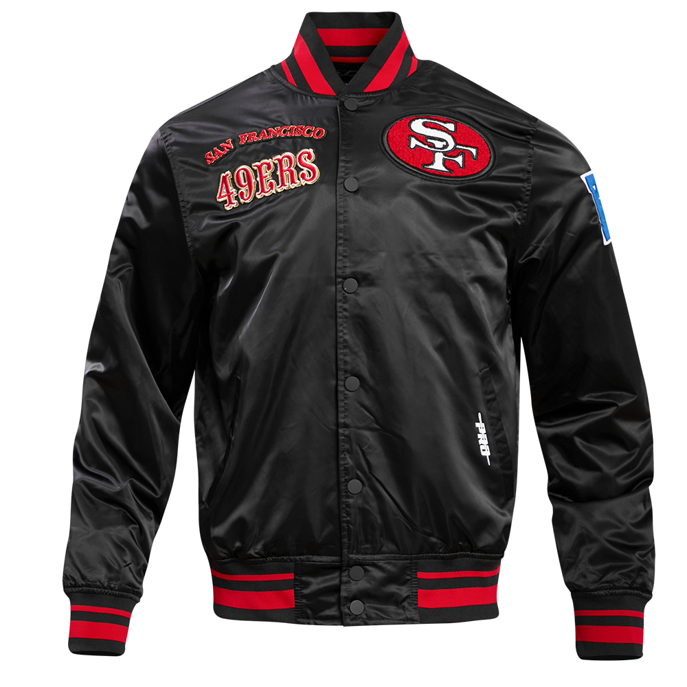 NFL SAN FRANCISCO 49ERS RETRO CLASSIC BLOUSON EN SATIN À BORDS CÔTELÉS POUR HOMME (NOIR/ROUGE/NOIR)