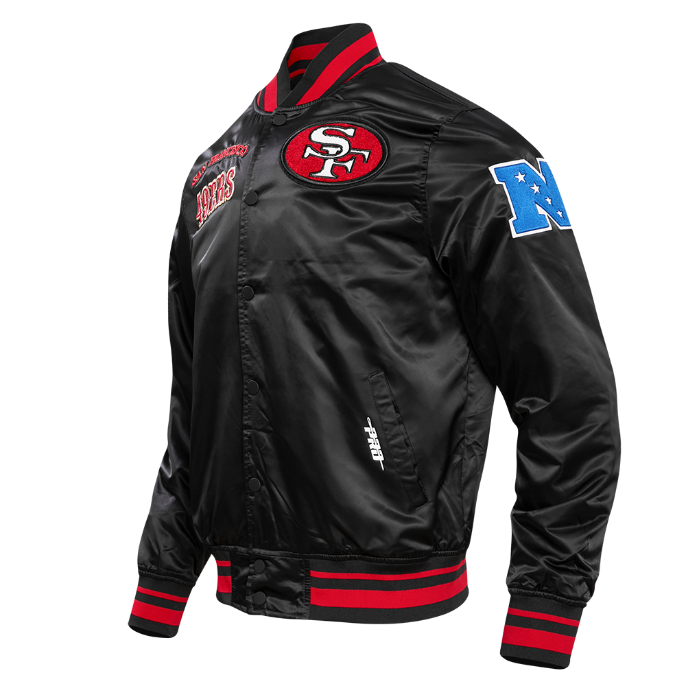 NFL SAN FRANCISCO 49ERS RETRO CLASSIC BLOUSON EN SATIN À BORDS CÔTELÉS POUR HOMME (NOIR/ROUGE/NOIR)
