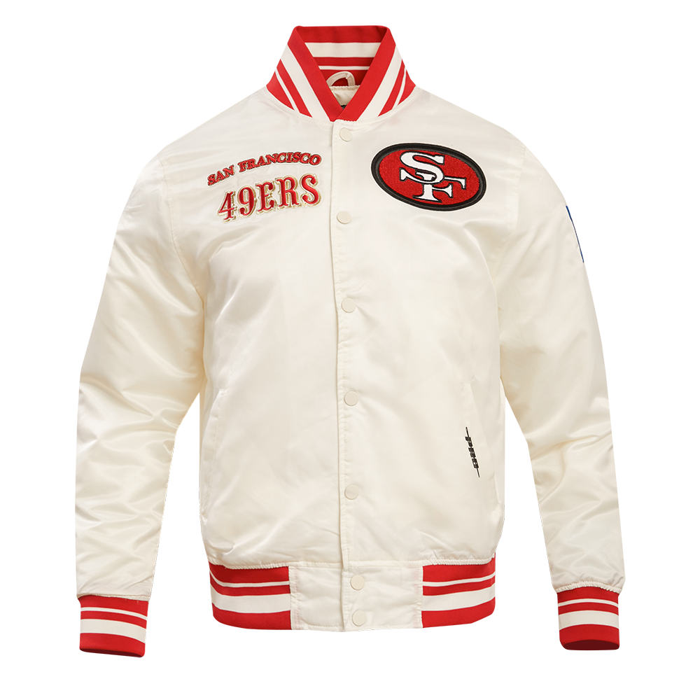 NFL SAN FRANCISCO 49ERS RETRO CLASSIC MEN'S RIB SATIN JACKET (EGGSHELL/ RED)