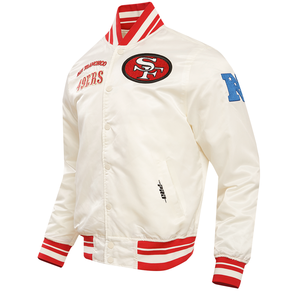 NFL SAN FRANCISCO 49ERS RETRO CLASSIC BLOUSON EN SATIN À BORDS CÔTELÉS POUR HOMME (COQUILLE D'ŒUF/ROUGE)